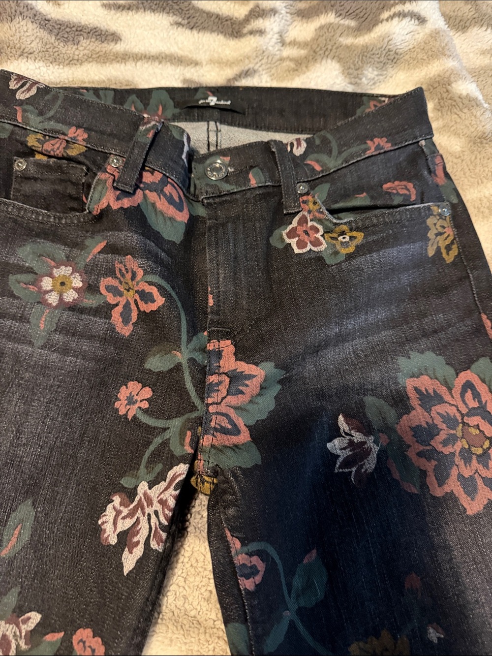7 For All Mankind Roxanne Floral-Print Skinny Ankle Jeans w/ Raw Hem Size 27